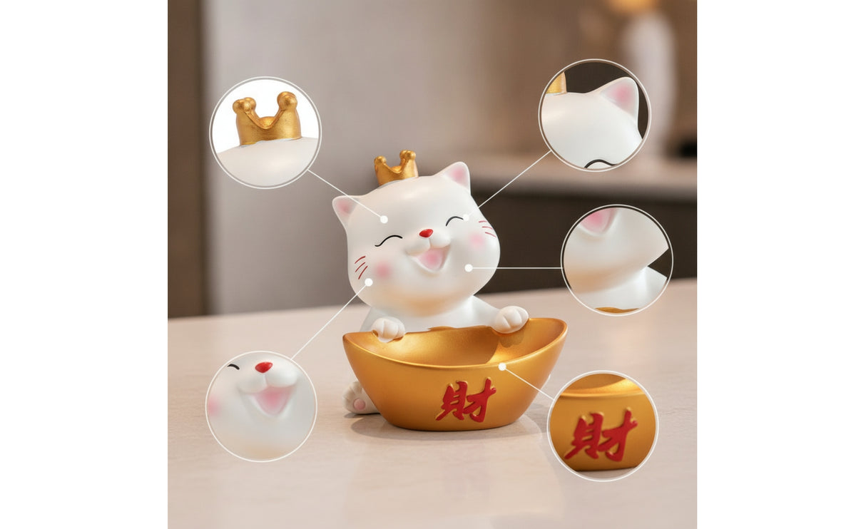 Cute Cat Candy Bowl Smiling Cat Figurine with Tray Decorative Dish Auspicious for Homeowners, Entryway, Living Room, Reception Desk