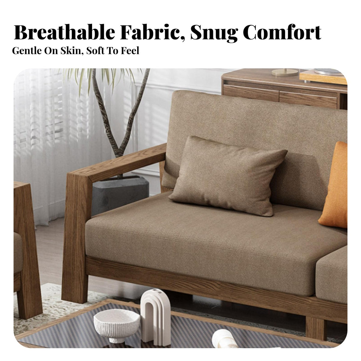 Nordic Design L-Shaped Wooden Frame Sofa Walnut Color Finish configurable Sofa with Storage Ottoman Fabric Upholstery Living Room Furniture Minimalist design aesthetic for Apartment Dwellers, Homeowners, Families, Home, Lounge Area