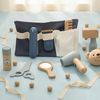 Textile Waist Bag Wooden Hairdressing Kit Adjustable Strap Wooden Hairdressing Playset Accessible Storage Pretend Barber Set Painted Finish