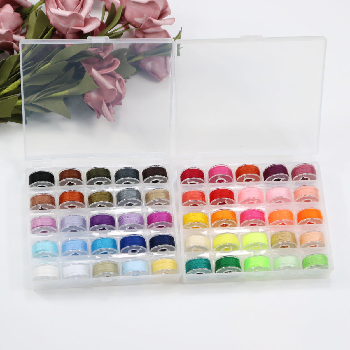 25-Grid Plastic Bobbin Box with Thread, Sewing Machine Bobbin Set, 50-Color Fixed Color High-Quality Sewing Thread Bobbin Kit
