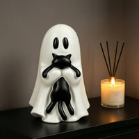 Halloween Ghost with Black Cat Cute Ghost Cat Figurine Tabletop Decoration Festive for Shelf, Desk, Party