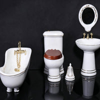 1/12 Dollhouse Lavatory Set Gold Trim Miniature Ceramic Lavatory Set Detailed Finish