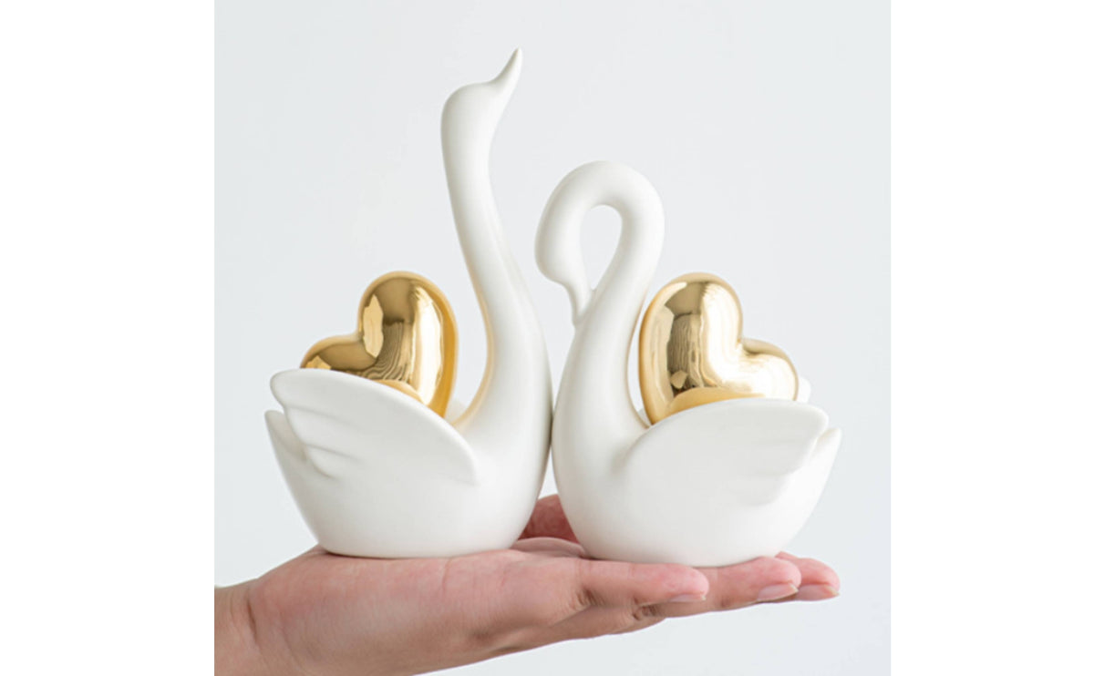 Tall and Short Set Ceramic Swan Figurine Gold Accent Ceramic Swan Decor Matte Decorative Ornament Pair for Living Room, Entryway, Wine Cabinet
