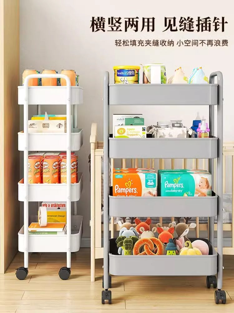 小推车置物架落地多层卧室卫生间婴儿用品收纳架厨房可移动零食架 4层白【送挂钩+贴纸】升级加宽