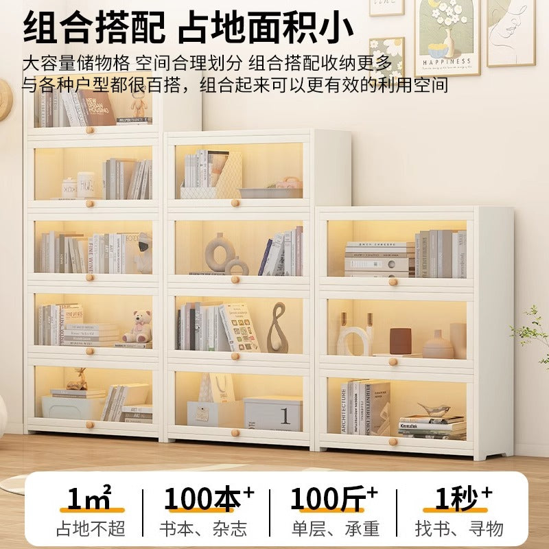书架落地置物架一体靠墙客厅多层储物柜收纳展示柜防尘实木书柜子 【奶油白】⭐4层80长 高清亚克力翻门设计【全实木加厚15MM】