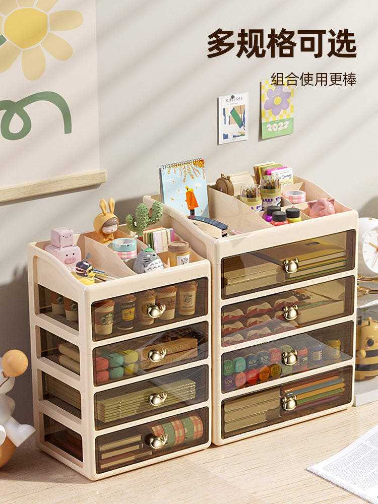 桌面收纳盒抽屉式多层书桌上文具a4办公玄关整理化妆品置物架柜子 奶咖色-宽34cm-分格顶3层【可放A4尺寸】