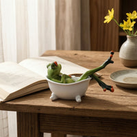 Frog Lying in Bathtub Figurine Tabletop Decor Compact for Office Desk, Bookshelf