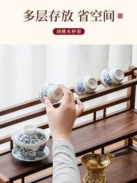 北美胡桃木茶具收纳架多层博古架茶具茶壶茶杯沥水中式桌面置物架 北美胡桃木收纳架《一路相伴》两层架