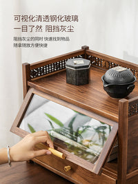 胡桃木置物架桌面小型防尘博古架实木简约摆件茶壶茶具台式收纳柜 北美胡桃木收纳架《一路相伴》两层架 50*13*16.5