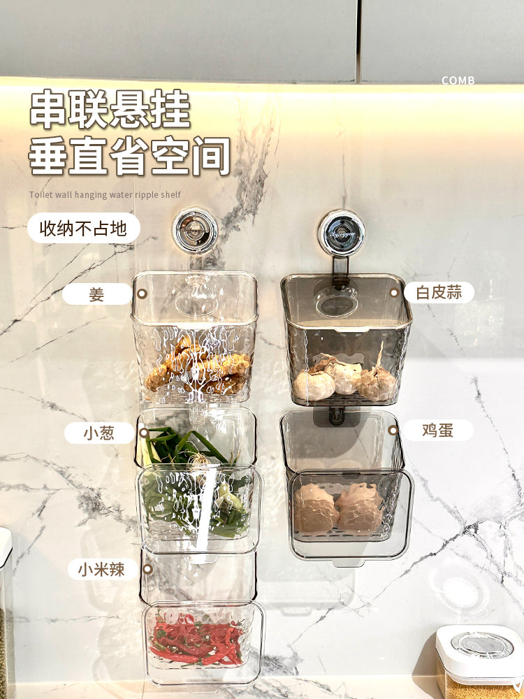 葱姜蒜收纳盒吸盘厨房收纳筐壁挂免打孔置物架生姜大蒜小挂篮神器 【透明色】吸盘篮带盖1个+补充篮无盖1个