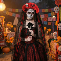 Theatrical Day of the Dead Costume Set Transparent Day of the Dead Costume Floral Mask for Cosplayers