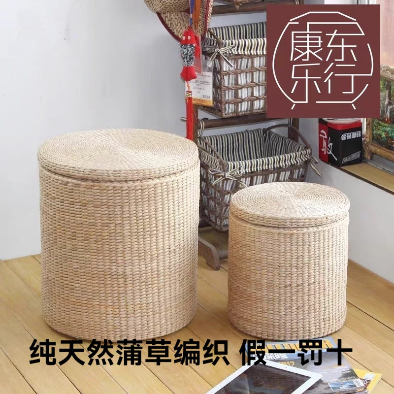 蒲草新款草编换鞋凳储物凳子可坐人有盖整理收纳箱沙发凳搁脚凳大 大号 长方纯蒲草