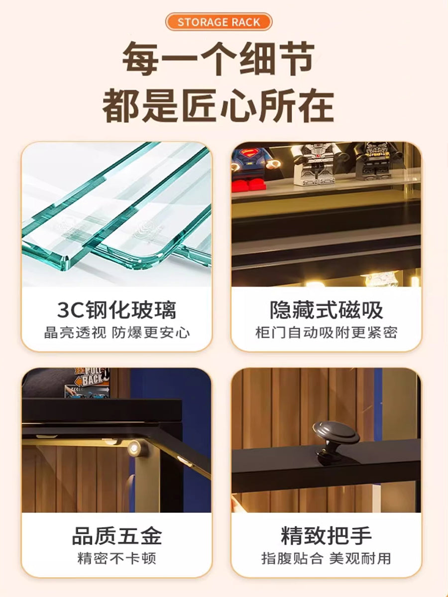 手办展示柜玻璃陈列柜桌面书本收纳箱盒谷子吧唧痛柜盲盒储物柜子 粉色-四门【80*35*148cm】