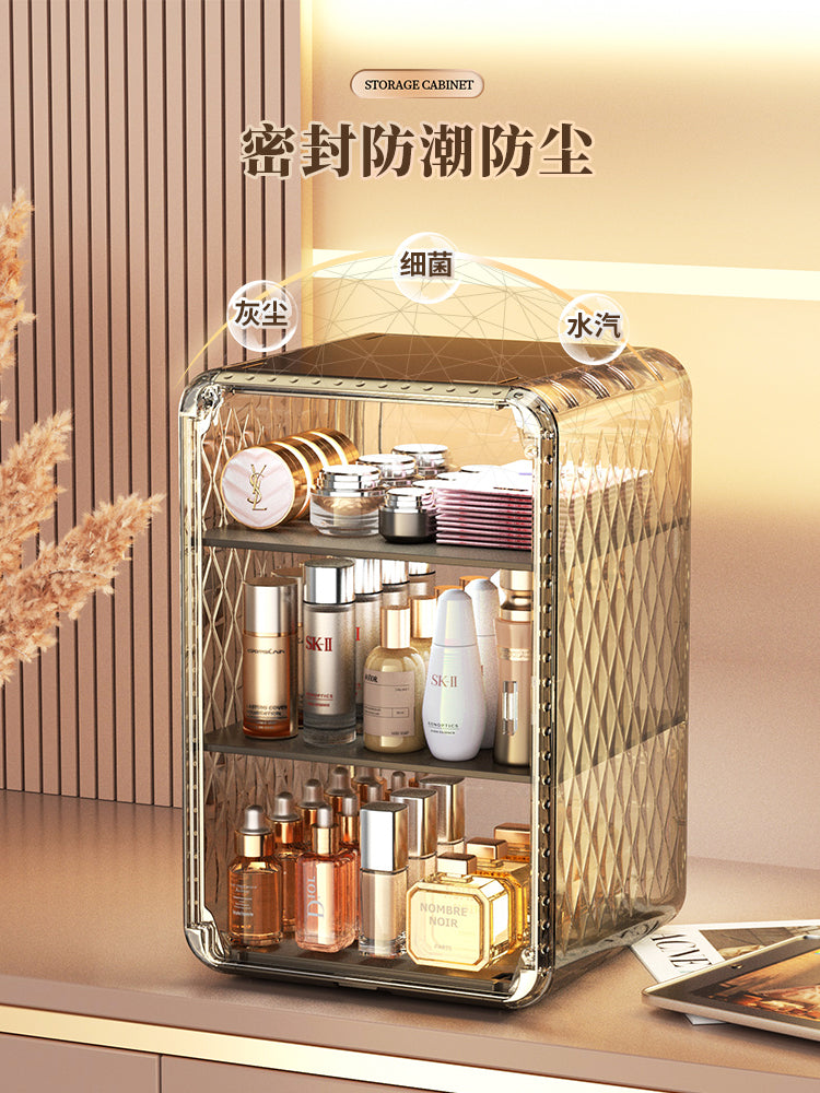 化妆品收纳盒桌面透明香水放置柜梳妆台彩妆护肤品防尘磁吸置物架 2层✨黑茶棕【磁吸开合/透明可视】