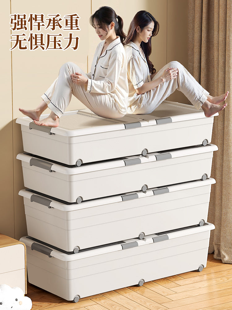 床底收纳箱家用带滑轮抽屉式储物放床下收纳盒大容量透明整理箱子 双开透明盖六卡扣【100*50*20cm】白色 1个装