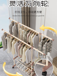 晾衣架落地家用伸缩多功能简易衣帽架宿舍阳台卧室挂衣服晾晒架子 升级款单杆黑色-伸缩款带轮款
