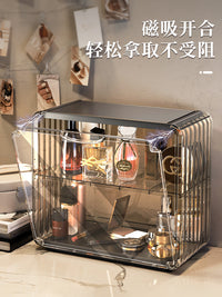 化妆品收纳盒桌面护肤品置物架梳妆台香水收纳箱首饰透明整理架子 三层大号- 透明白【防尘超透 磁吸开门】