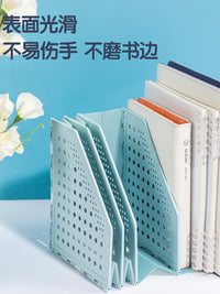 折叠书立桌面文件架可折叠文件框多层三联四联收纳框学生大号加厚书架档案资料文件夹收纳盒桌面办公文具 新款四联【可伸缩】蓝色