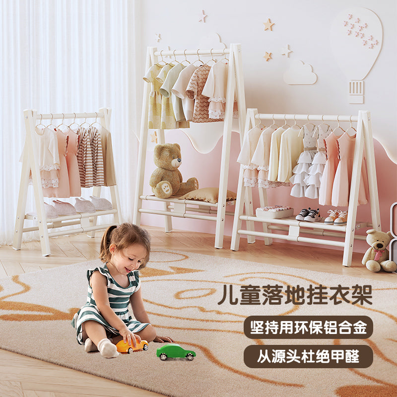 儿童落地衣架幼儿园矮移动挂衣架迷你小衣架宝宝卧室多功能衣帽架 0甲醛/环保全铝/3-11岁推荐/高107cm长85cm/万向轮高级黑