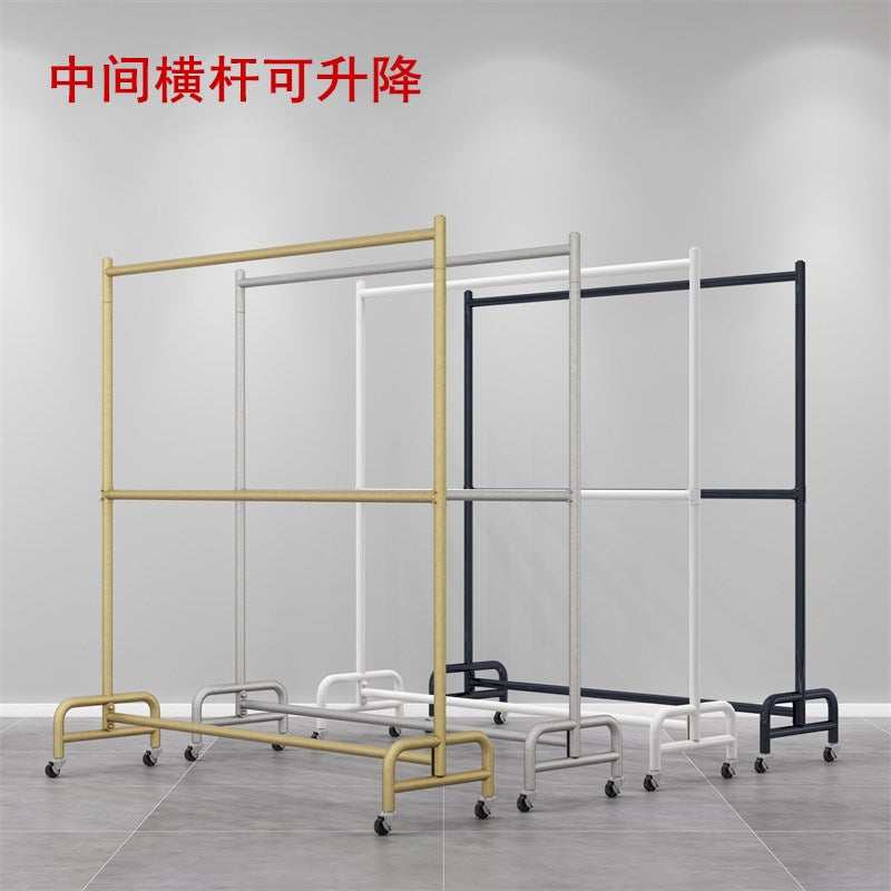 服装店双层移动挂衣架童装店展示架男女装店衣架可升降晾衣杆带轮