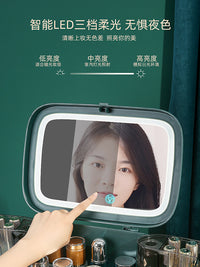 台式LED化妆镜子带灯桌面学生梳妆补光收纳盒一体大号卧室家用女 豪华款【北欧白】带化妆镜