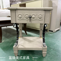美式art家具莫里灰床头柜法式复古做旧实木雕花三抽床边柜储物柜 二抽床头柜