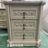 美式art家具莫里灰床头柜法式复古做旧实木雕花三抽床边柜储物柜 二抽床头柜