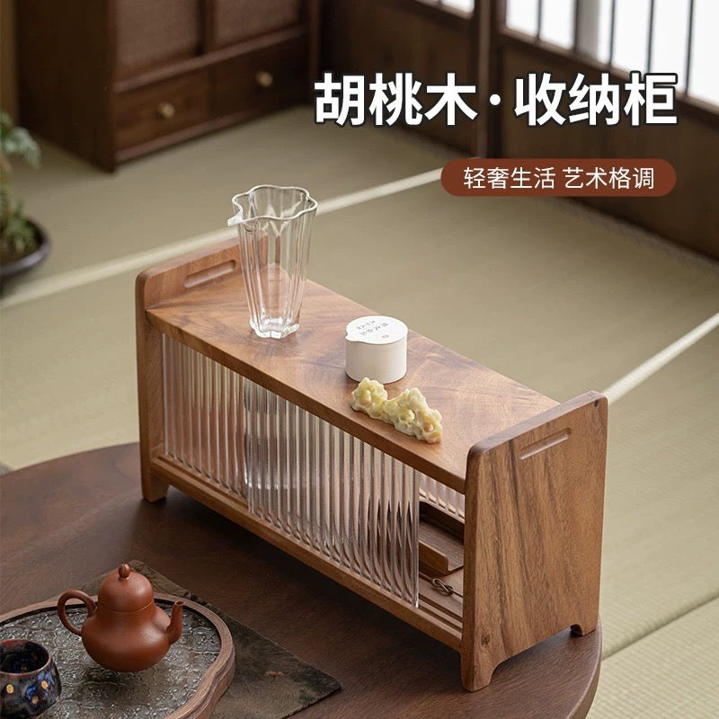 南美胡桃木实木推拉置物架双层桌面水杯防尘收纳盒带门杂物博古架