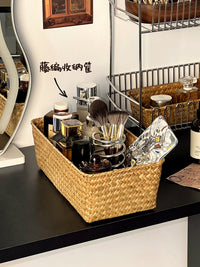 中古风草编梳妆台桌面化妆品收纳盒香水收纳海草编织收纳筐置物架 桌面草编收纳盒-中号黄色