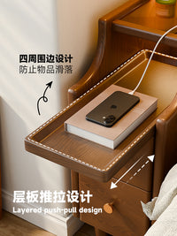 实木床头柜卧室中古风家用带灯床头置物架可移动窄边柜智能收纳柜