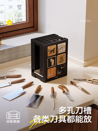 美世达刀架置物架高端厨房台面菜刀架多功能刀具筷子筒一体收纳架 复古韵味⭐大号⭐方形刀架⭐高级黑【带筷笼 台面/壁挂两用】