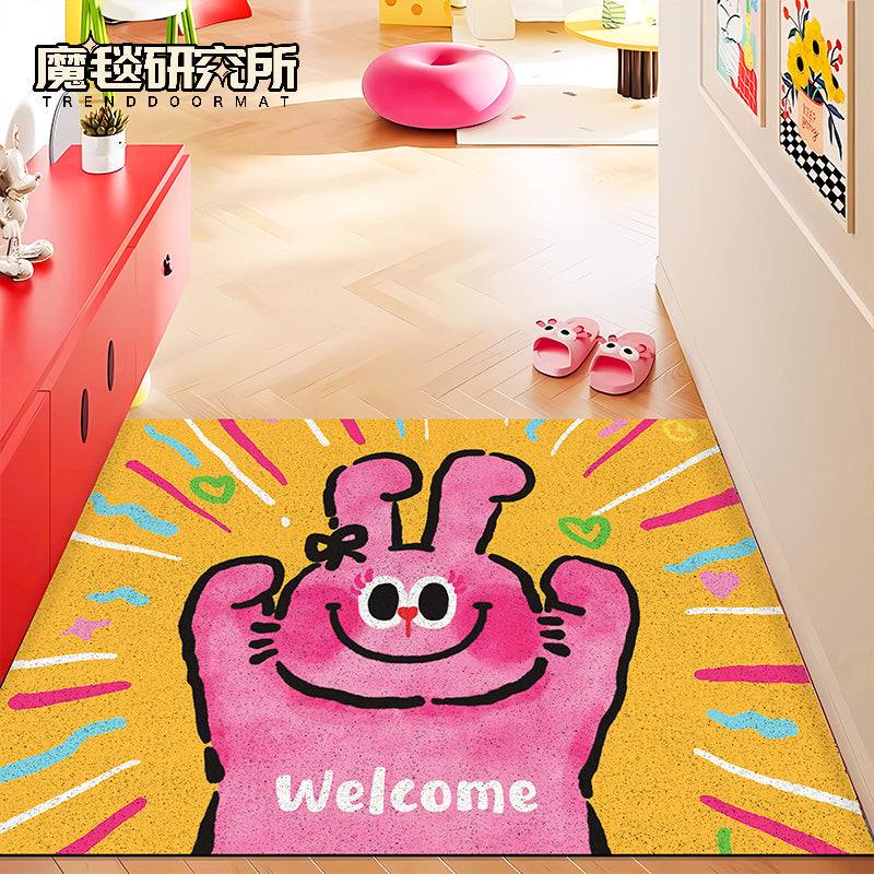 网红粉红兔入户门垫丝圈地垫进门玄关地毯除尘耐脏脚垫丝圈防滑垫 粉兔请换拖鞋 竖45CM×横75CM【防滑可冲洗】