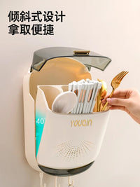 优勤筷子收纳盒厨房筷子筒置物架墙上壁挂式家用沥水勺子桶筷笼篓 奶油风筷子筒【带盖防尘】