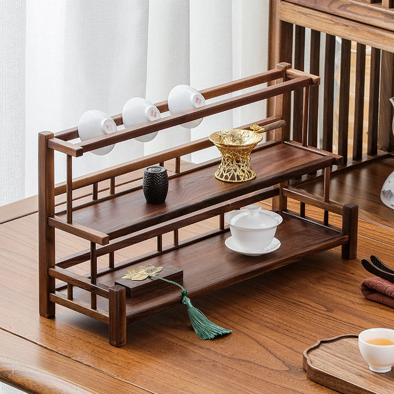北美胡桃木茶具收纳架多层博古架茶具茶壶茶杯沥水中式桌面置物架 北美胡桃木收纳架《一路相伴》两层架