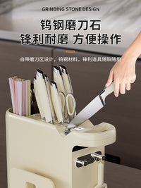 奶油风多功能刀架家用厨房高档菜板架刀架筷子笼一体式沥水收纳架 【DIY款-红鼻小丑】奶油白-多功能刀架【分区收纳/自带磨刀石/底部滑轮】