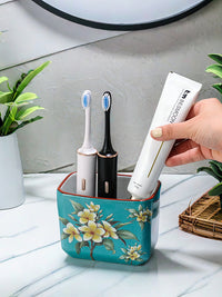 2025新款美式陶瓷牙刷架放电动牙刷置物架 卫生间牙膏梳子收纳筒 八角牙刷架，深蓝鸡蛋花