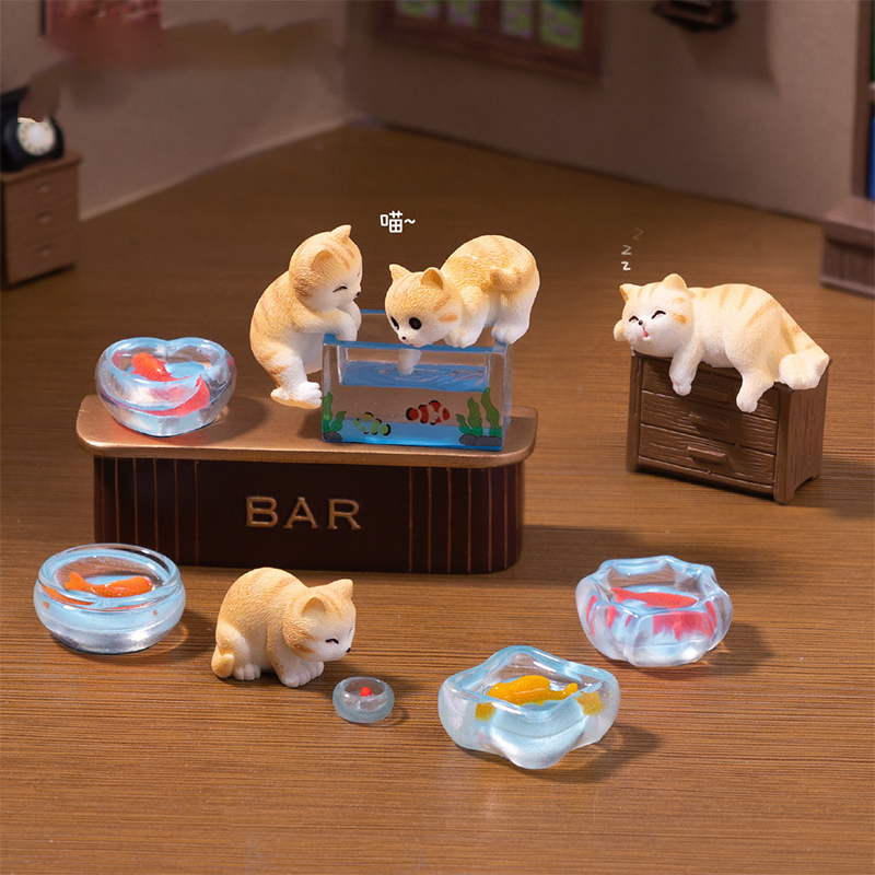 捞鱼爬缸小花猫咪公仔 娃娃屋鱼缸水族diy装饰品配件迷你小摆件 偷鱼系列 1只爬缸猫