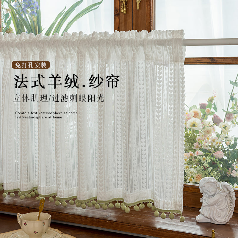 半帘咖啡帘法式蕾丝短帘窗帘免打孔纱帘透光不透人厨房防晒遮阳帘