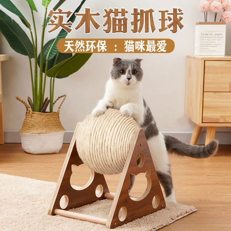 猫抓板木质猫抓球猫咪手实木猫爬架滚轮跑步机猫抓柱滚球减肥 柠檬黄大号
