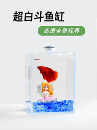 泰国斗鱼缸超白玻璃缸透明隔离盒桌面小型办公室桌面迷你小鱼缸 160*120*140mm黑背裸缸+盖 0x0x0mm