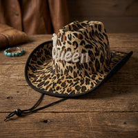 Cowboy Hat with Chin Cord Western-Style Leopard Print Hat Rhinestone for Women, Festivals, Photo Shoots, Streetwear
