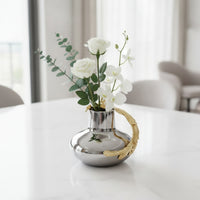 Ceramic Vase with Handle Silver-Finish Flower Vase with Handles Reflective Decor for Dining Table