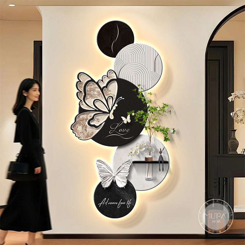 水培绿植中古风玄关装饰画入户正对门挂画蝴蝶客厅走廊过道壁画灯