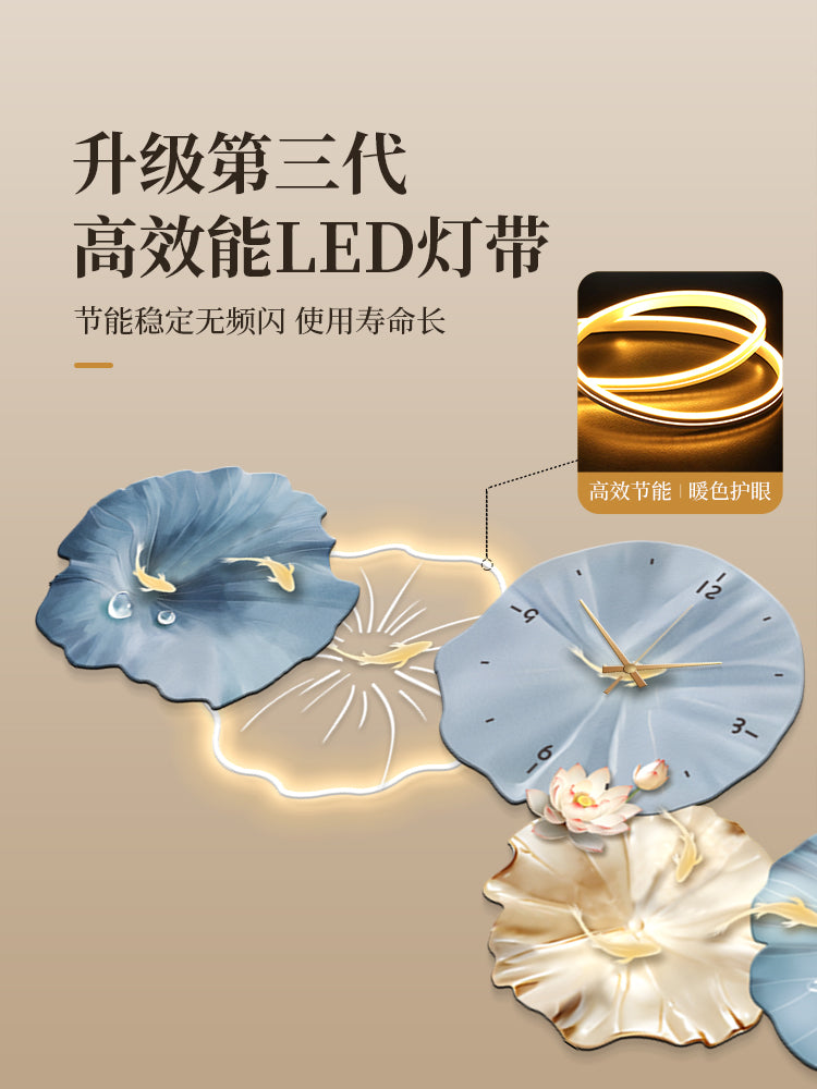 餐厅装饰画轻奢高级感九鱼图挂钟饭厅壁画客厅背景墙钟表挂画带灯 D-年年有余 无框艺术【三层UV精雕+静音钟表】 总长80cm LED灯画【充电宝款式+遥控开关】墙面无需预留电源