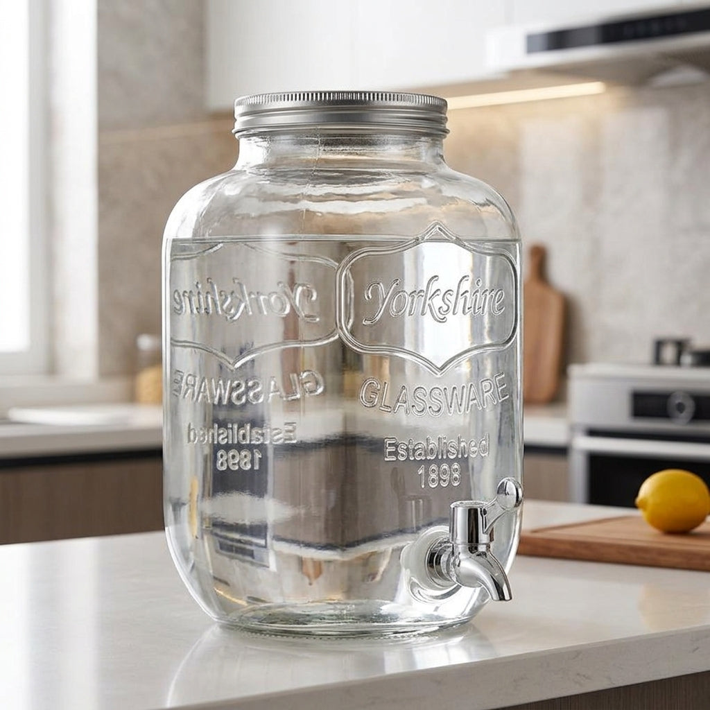 Water Dispenser with Metal Stand and Lid, 4.1L Glass Water and Drink Container with Handle, Modern Minimalist Juice Dispenser for Home Bar Use