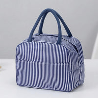 Lunch Box and Insulated Lunch Bags for Women with Faux Leather Handle, Reusable Striped Cool Bag Lunch Box for School Picnic, Nylon Material