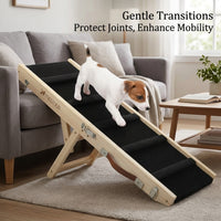 Dog Steps for Bed and Sofa with Adjustable Height Wooden Ramp, Pet for Small and Cats with Scratch Board, Feeding Tray Included