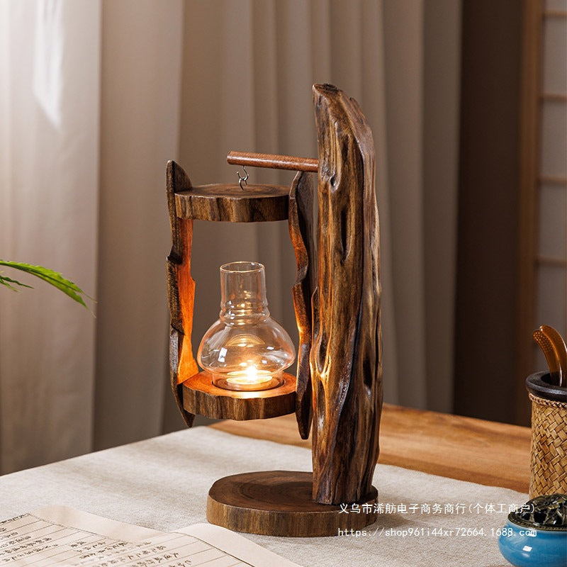 泰国原木风灯创意烛台复古东南亚玻璃罩烛台户外防风马灯禅意摆件