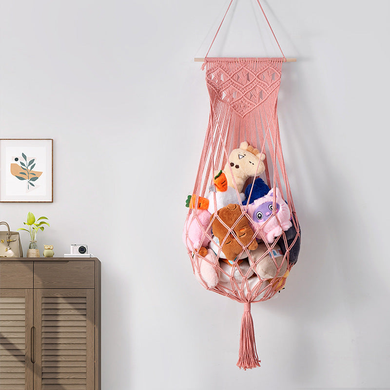 Bohemian Hand-Woven Macrame Hanging Basket Toy Storage Net Bag with Tassels for Kids Room Decor
