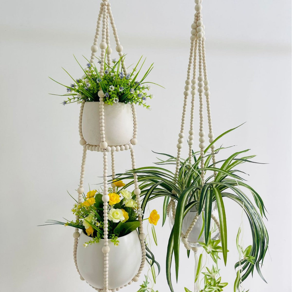 Boho Wood Bead Plant Hanger Macrame Wall Decor for Indoor Outdoor Plants, Creative Tassel Flower Pot Hanging Basket